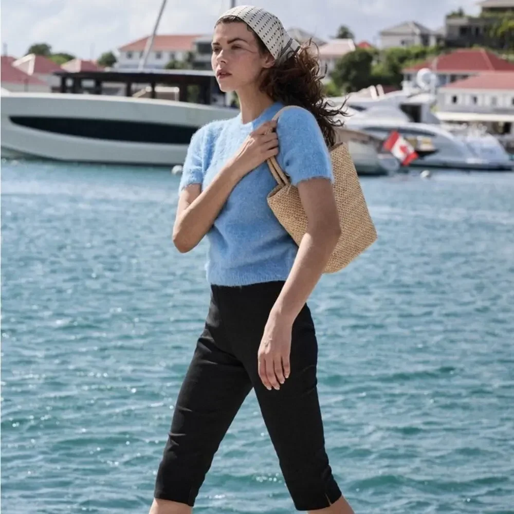 Doen Hearst Alpaca Wool Brushed Puff Short Sleeve Knit Sweater Top Seashore Blue